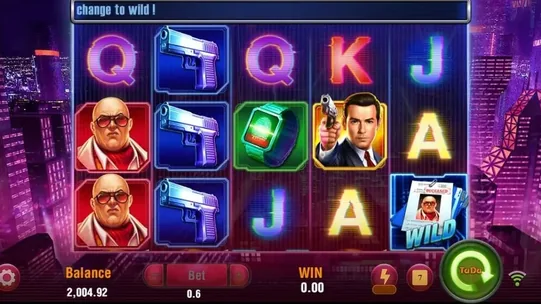Agent Ace base game — 5x3 reels with agent, bald villain, pistol and card symbols