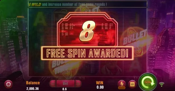 Agent Ace free spins trigger screen — 8 free spins awarded with the Bullet Time feature