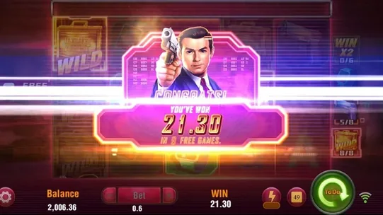 Agent Ace free spins win screen — congratulations showing 21.30 won in 9 free games