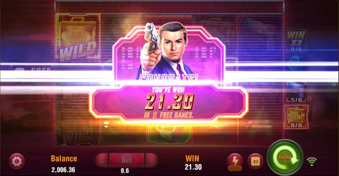 Agent Ace free spins win — 'Congrats! You've won 21.30 in 9 free games' win banner on the reels
