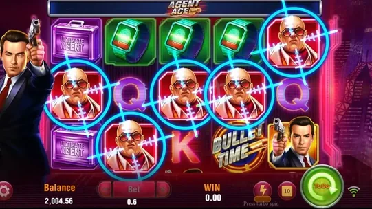 Agent Ace Bullet Time feature — villain symbols locked under blue crosshair targets